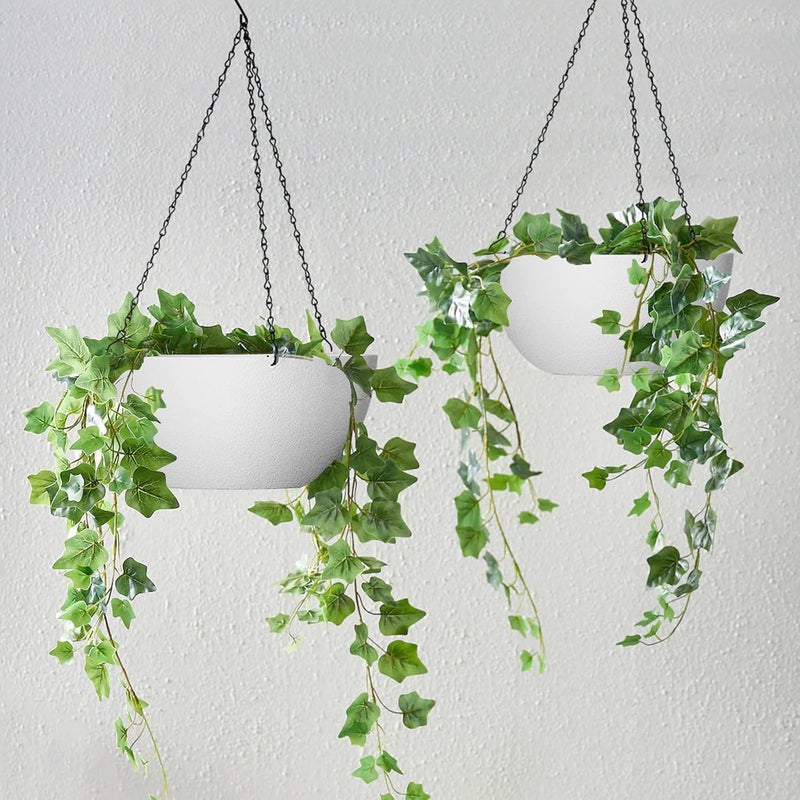 WOUSIWER 13 inch 2Pack Large Hanging Planters for Outdoor Indoor Plants with Drainage Holes and Chain, Round Hanging Flower Pots for Garden Home Porch Decor, White - Image 2